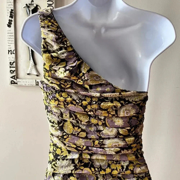 Zara Floral Chiffon Ruched One Shoulder Mini Dress Size XS - Picture 6 of 11